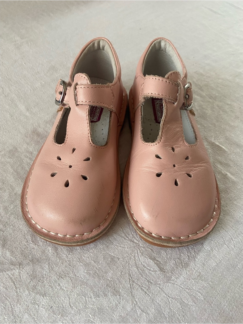 Girls Pink T-Strap Leather Dress Shoes with Floral Cutouts